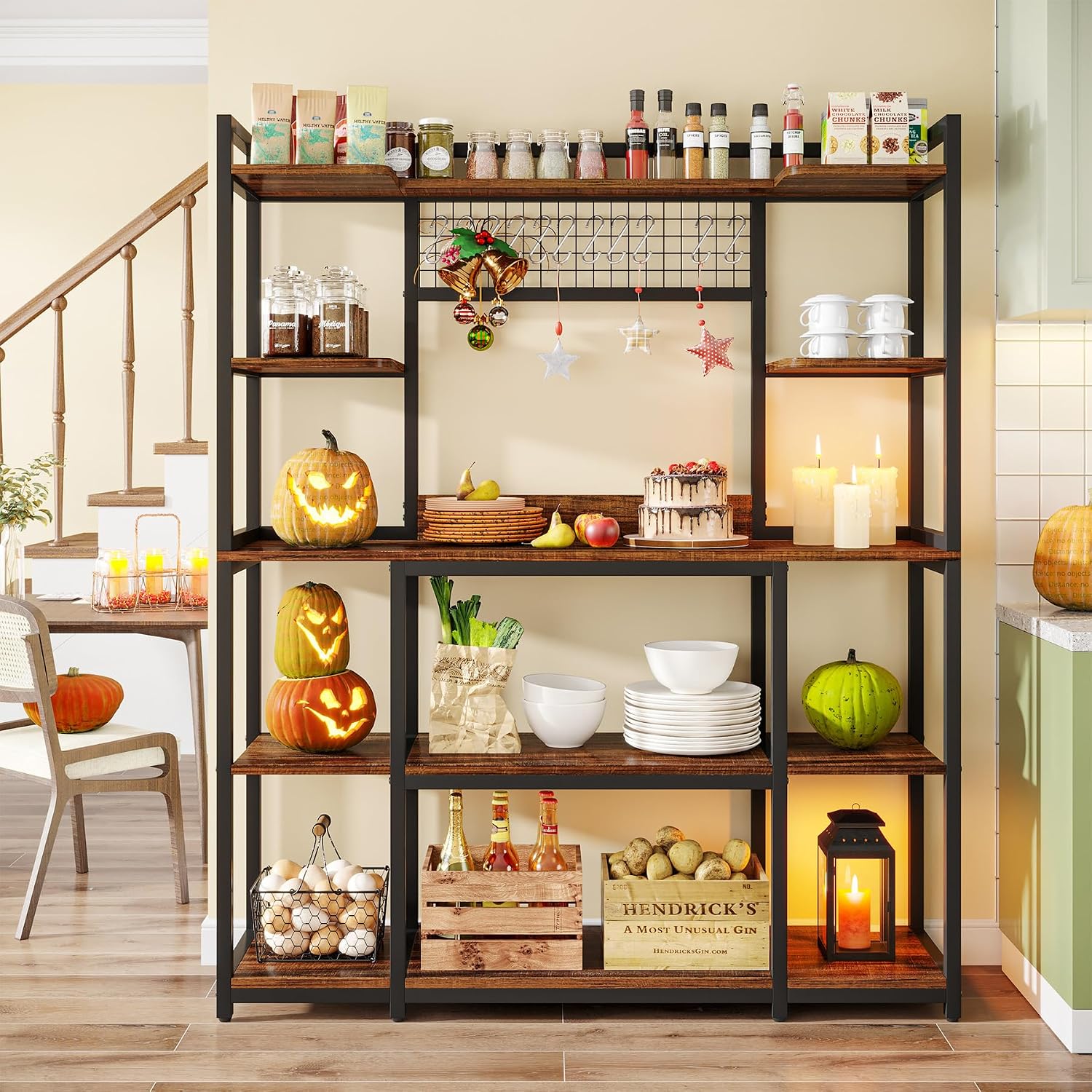 Tribesigns Large Bakers Rack, 55" Wide Kitchen Hutch Cabinet Microwave Stand with 11 Hooks, 5-Tier Baker’s Rack Kitchen Storage Shelf with Hutch, Rustic Brown