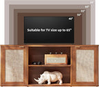 LEYAOYAO Rattan TV Stands for Living Room, Boho TV Cabinet with Storage and Open Shelf, Rustic Wood Entertainment Center, Media Console for 50-65 Inch TV, Tea Brown