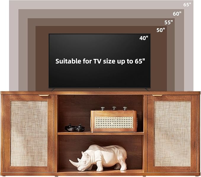 LEYAOYAO Rattan TV Stands for Living Room, Boho TV Cabinet with Storage and Open Shelf, Rustic Wood Entertainment Center, Media Console for 50-65 Inch TV, Tea Brown