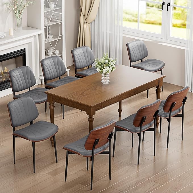 Dining Chairs Set of 2, Dining Room and Kitchen Chairs, Mid Century Modern Accent Chair, Upholstered PU Leather Chairs for Vanity with Walnut Bentwood and Metal Legs, Gray
