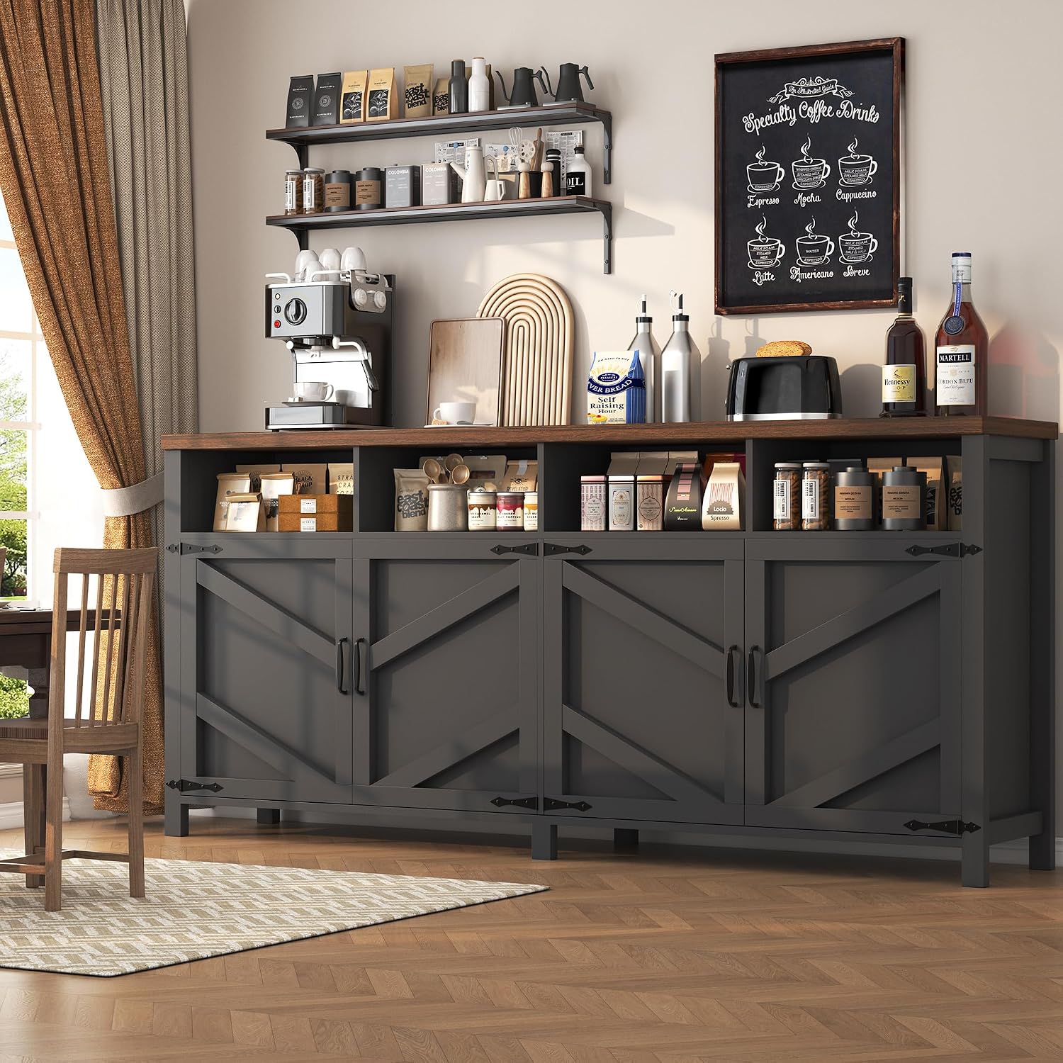 knoworld Buffet Sideboard with Storage, 63'' Large Kitchen Storage Cabinet Wood Coffee Bar Cabinet Buffet Table 4 Doors with Shelves for Kitchen, Dining Room, Entryway, Black, 63in