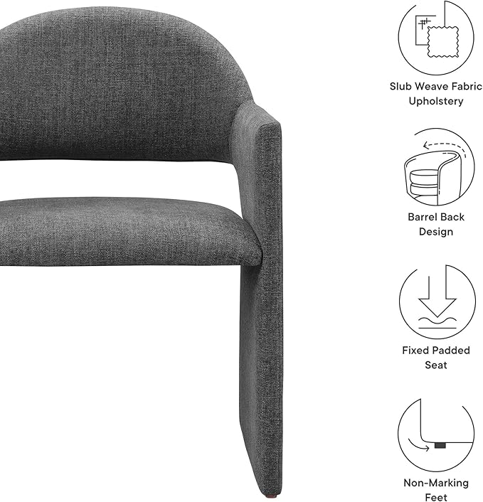 Modway Talia Upholstered Fabric Dining Armchair in Charcoal - Modern Curved Dining Chair with Open-Back - Living Room Barrel Lounge Chair - Single Upholstered Accent Chair with Arms