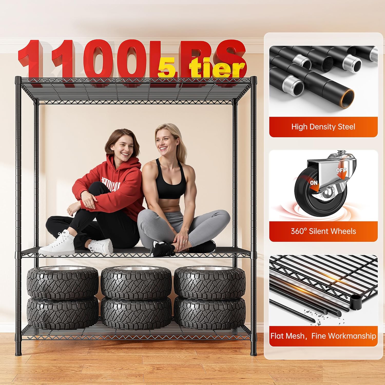 REIBII 45''W Storage Shelves Waterproof Metal Shelving with Cover Dustproof, Wire Shelving Unit Covers & Wheels Garage Storage Rack Wire Shelf for Kitchen Pantry, Storage Room, 45Wx17.72Dx72.83H