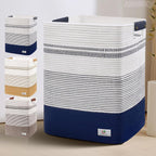 Large Laundry Basket - Tall Woven Rope Laundry Hamper with Leather Handles - Dirty Clothes hamper for Living room, Bedroom, 17.8" X 13.8" X 22", Dark Blue & White