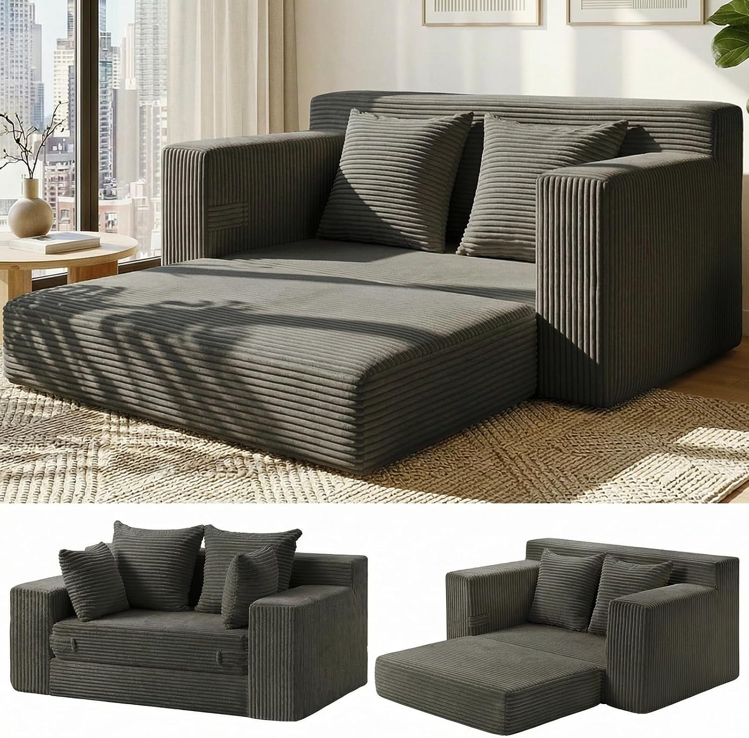 Convertible Sofa Bed, 5 in 1 Small Boneless Couch Pull Out Loveseat Sleeper Sofa,Corduroy Futon Couch Folding Mattress with 4 Pillows for Living Room