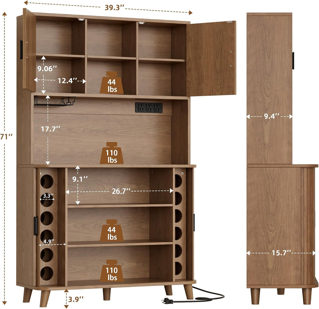 Lulive Kitchen Pantry Cabinet with Charging Station, Walnut | Rolling & Sliding Doors, Adjustable Shelves, Open Countertop, Wine Glass Rack, Modern Storage Cabinet for Dining Room