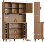 Lulive Kitchen Pantry Cabinet with Charging Station, Walnut | Rolling & Sliding Doors, Adjustable Shelves, Open Countertop, Wine Glass Rack, Modern Storage Cabinet for Dining Room