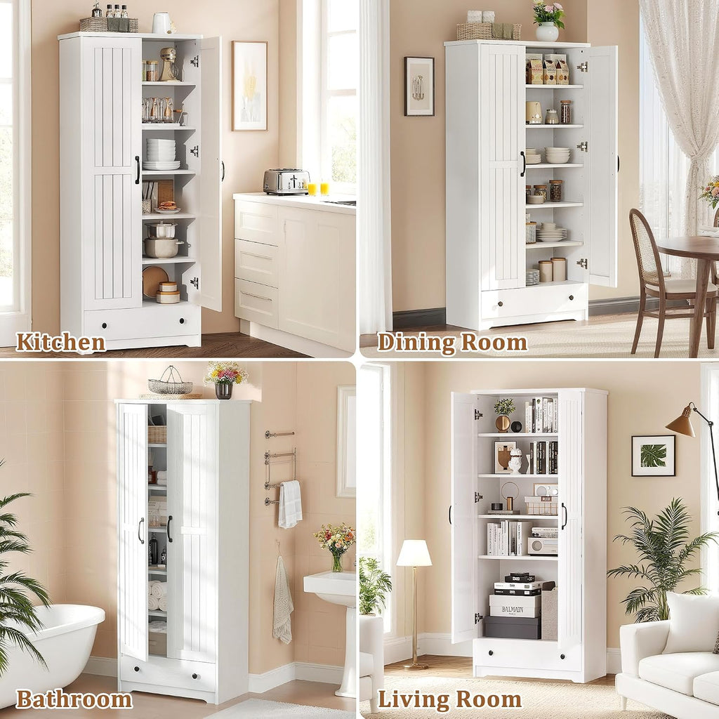 Decofy 70" Tall Storage Cabinets, Large Wood Storage Pantry Cabinet with 6 Adjustable Shelves, 2 Striped Doors&Drawer, Standing Utility Cabinet for Kitchen, Bathroom, Dining Room, Antique(Soft White)
