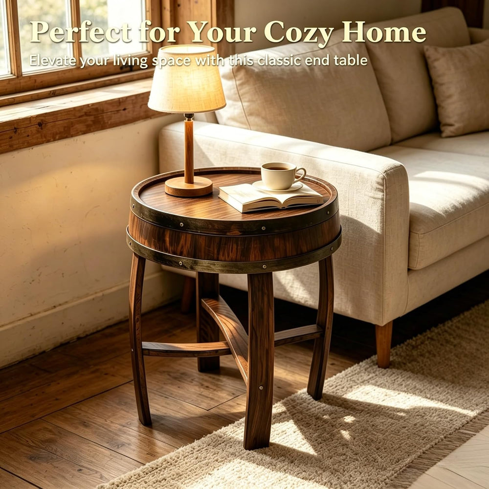 Rustic Round End Table, Whiskey Barrel End Table, Handcrafted Solid Farmhouse...