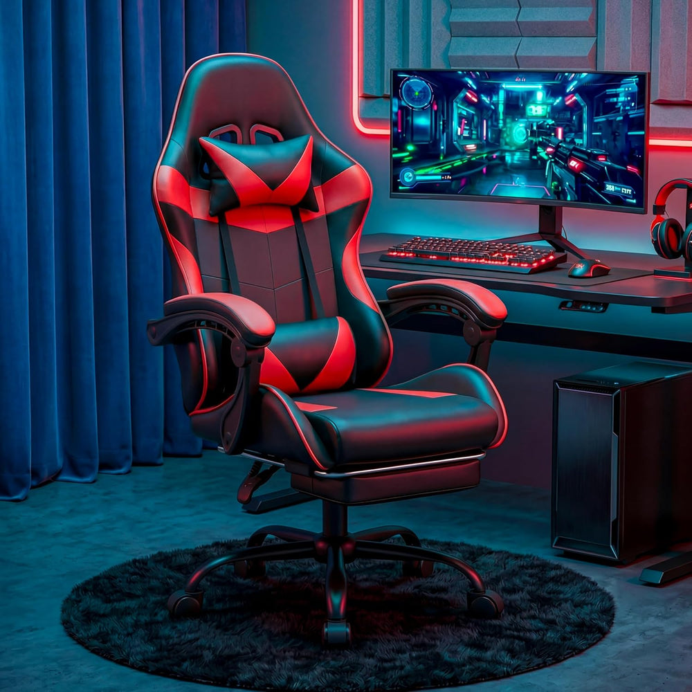 Gaming Chair, Ergonomic Footrest, Lumbar & Headrest(Red Black) | Steel fr...