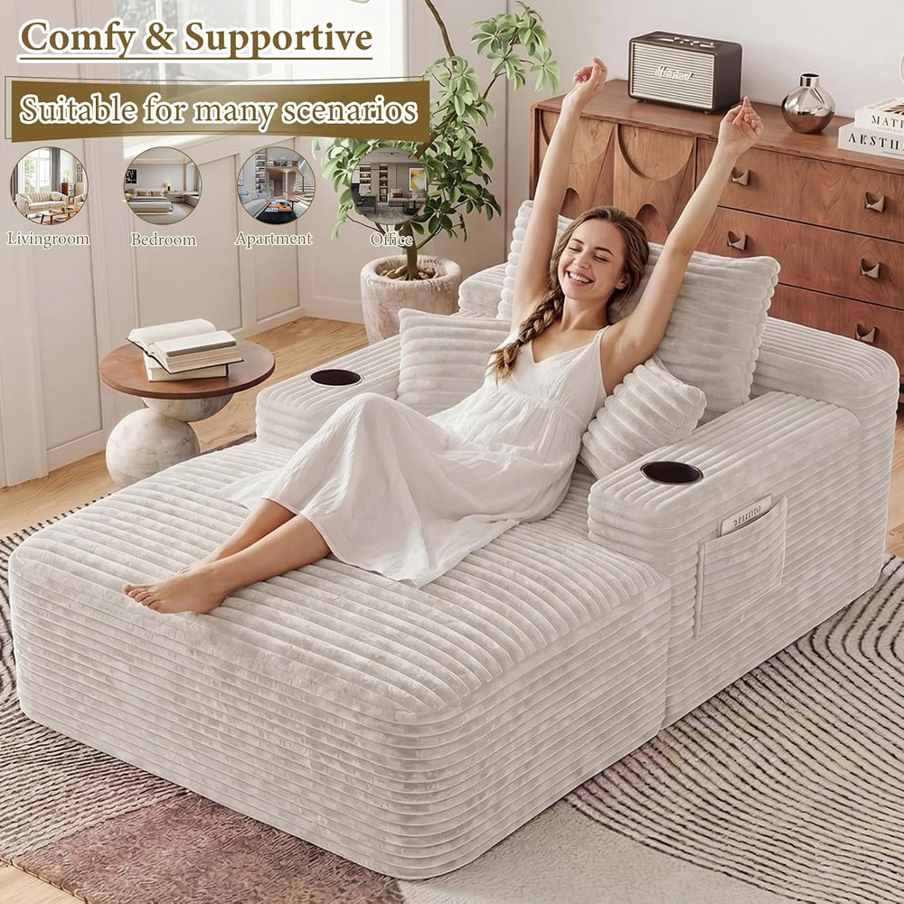 65" Chaise Lounge Chair Indoor, Oversized Lounge Chair with Side Pockets...