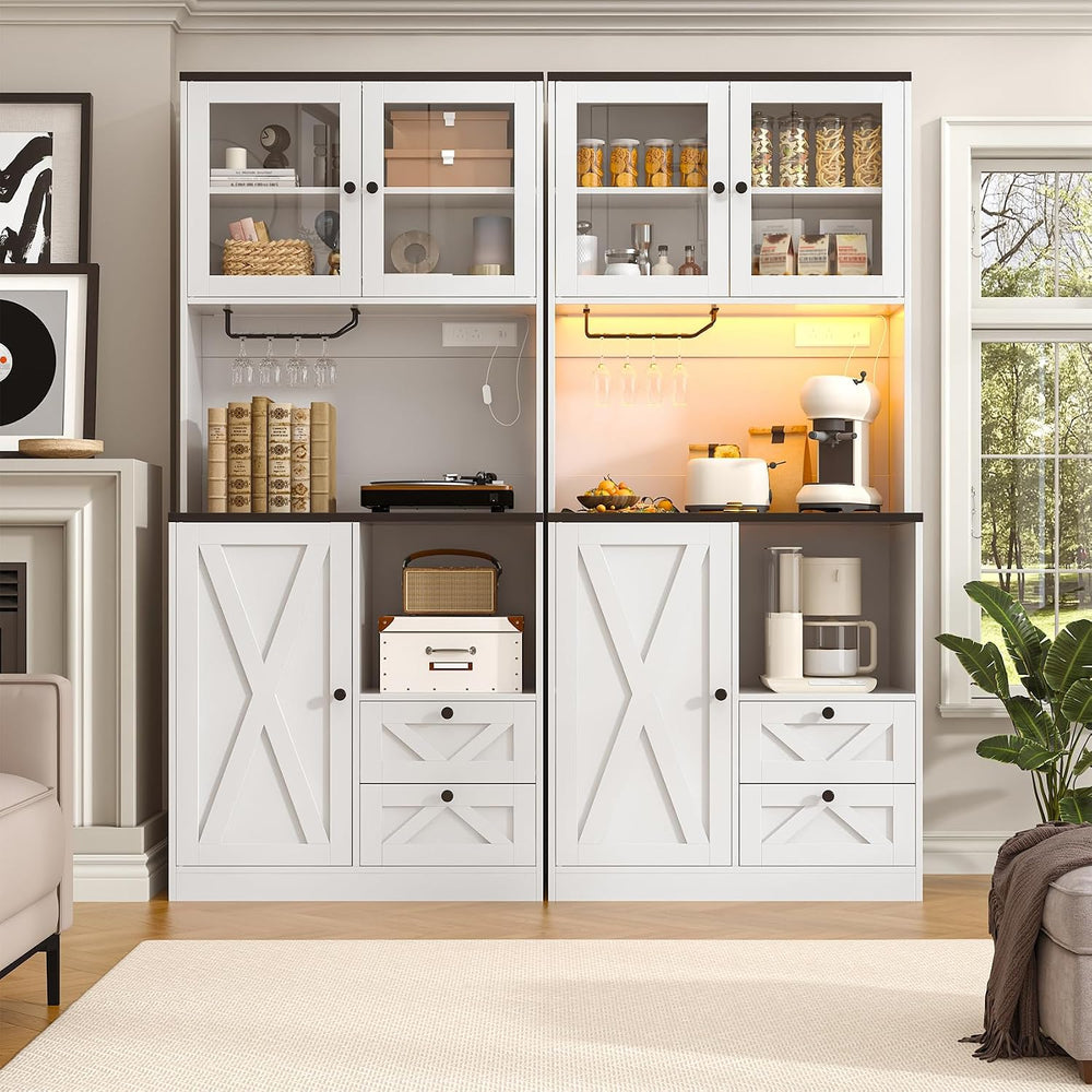 71" Tall Coffee Bar Cabinet with Storage Hutch, Farmhouse Kitchen Pantry...