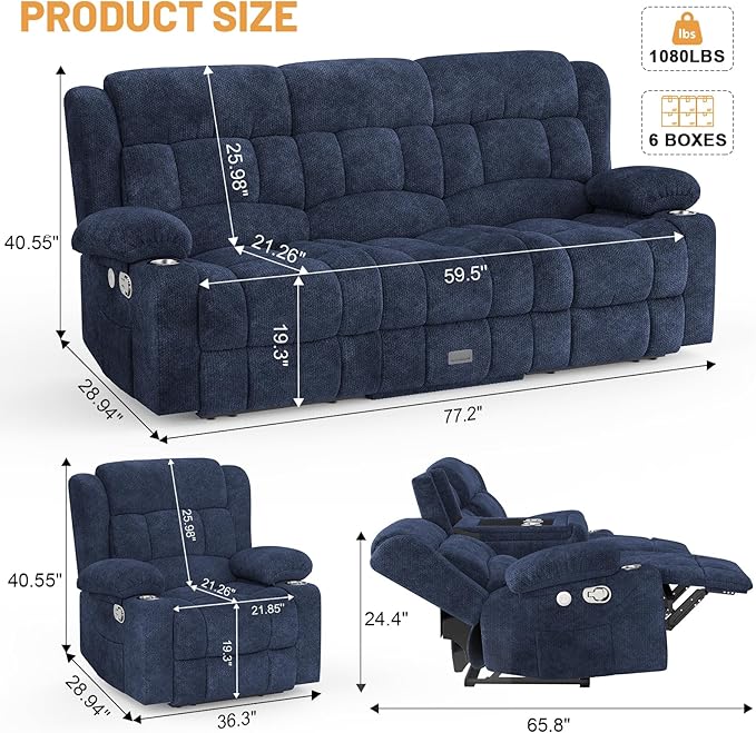Loveseat Recliner Sofa Set, Flip Middle Backrest Design 3 Seater Reclining Sofa and 2PC Single Oversized Recliner Chair, Manual Couches for Living Room/RV (Blue, 3+1+1)