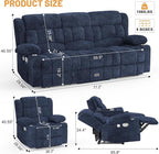 Loveseat Recliner Sofa Set, Flip Middle Backrest Design 3 Seater Reclining Sofa and 2PC Single Oversized Recliner Chair, Manual Couches for Living Room/RV (Blue, 3+1+1)
