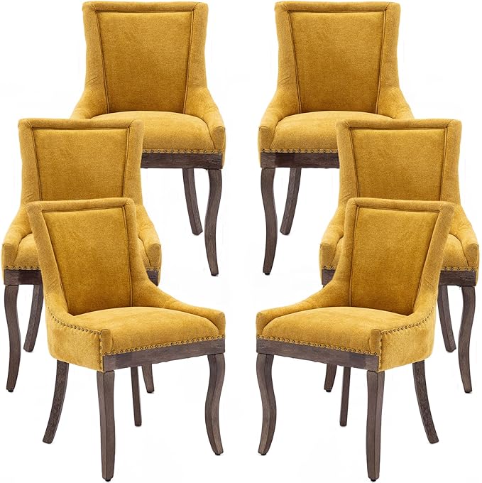 Gold Dining Chairs Set of 6, Kitchen & Dining Room Chairs, Fabric Upholstered Dinning Chairs, Sillas De Comedor, Nailhead Trim, Wood Legs (Yellow, 6 Pcs)
