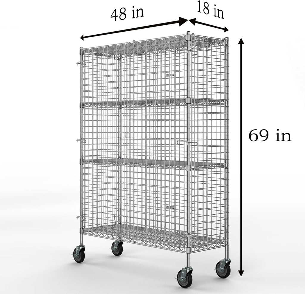18" W x 48" L x 69" H Heavy Duty Utility Commercial Grade Metal Storage NSF Unit | Chrome Mobile Security Wire Cage Kit