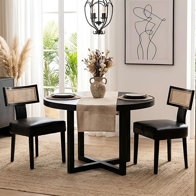 HNY Mid Century Modern Rattan Dining Chairs Set of 2, Farmhouse PU Leather Upholstered Accent Chair Curved Backrest Kitchen Chairs, with Black Hardwood Frame, Black