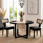 HNY Mid Century Modern Rattan Dining Chairs Set of 2, Farmhouse PU Leather Upholstered Accent Chair Curved Backrest Kitchen Chairs, with Black Hardwood Frame, Black