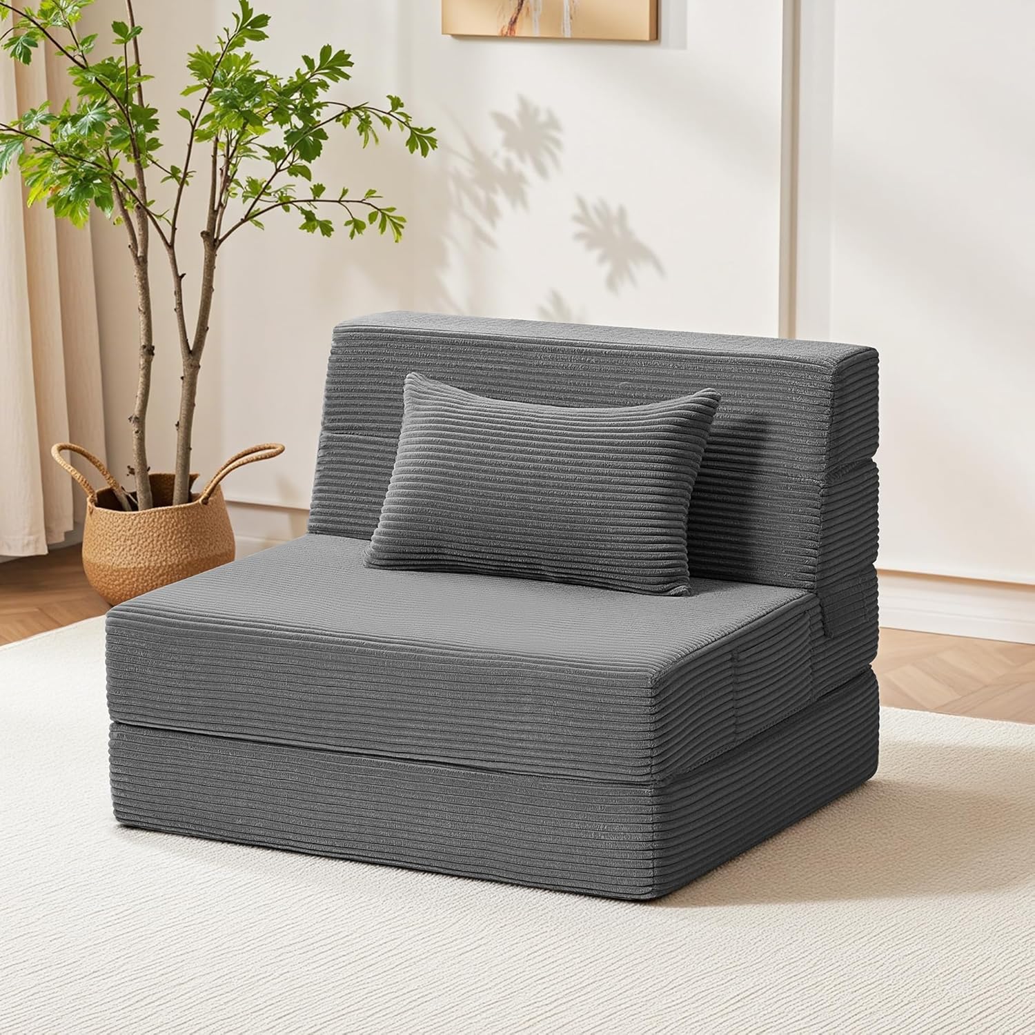 Youzi Folding Sofa Bed Convertible Sleeper Chair with Pillow, 4-in-1 Foldable Mattress Futon Couch Bed to Lounge Chair for Living Room, Bedroom, Dorm & Guest, Washable Cover, Dark Gray, Single