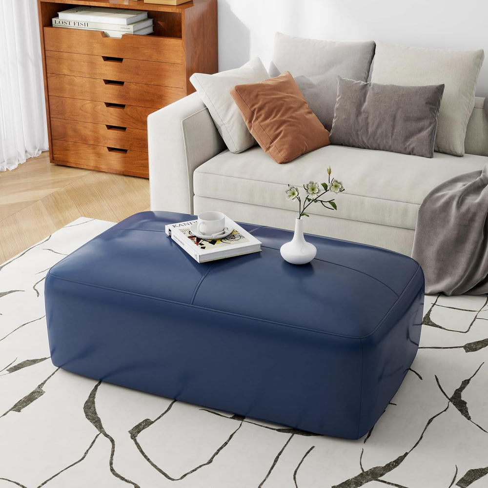 Genuine Leather Ottoman Bench, Upholstered Ottoman Table with Solid Wood Fram...