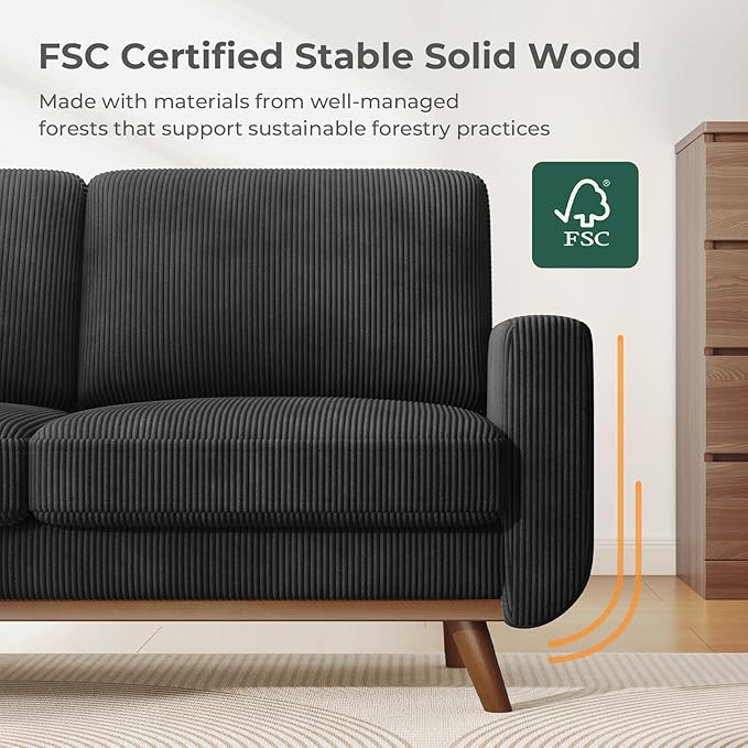 Vesgantti 68" Loveseat Sofa Black, Comfy Corduroy Couch with Spring Cushion and Solid Wood, Modern Extra Deep Seat for Bedroom, Living Room, Office