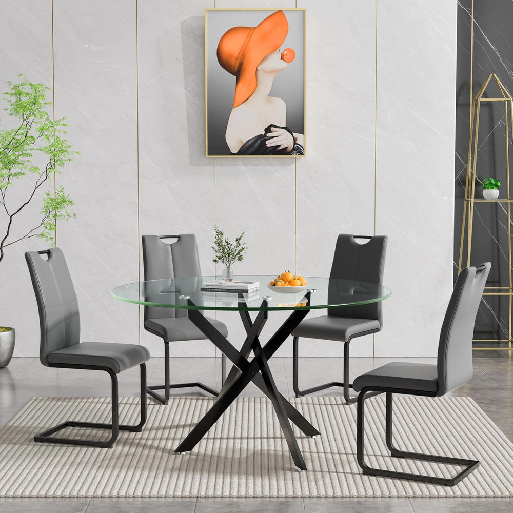 Henf 5 Piece Round Glass Dining Table Set, Modern 47 Inch Dining Room Table S...