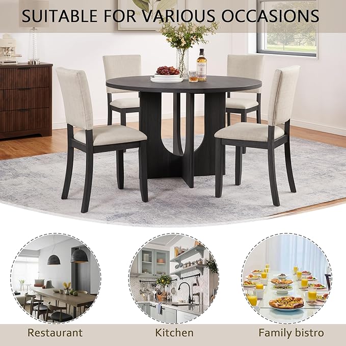 KEIKI 5-Piece Standard Height Dining Table Set with Round Table and 4 Upholstered Curved Backrset Chair, for 4 Person, Modern Wooden Table Set, Easy Assembly, for Kitchen, Dining Room, Beige+Black
