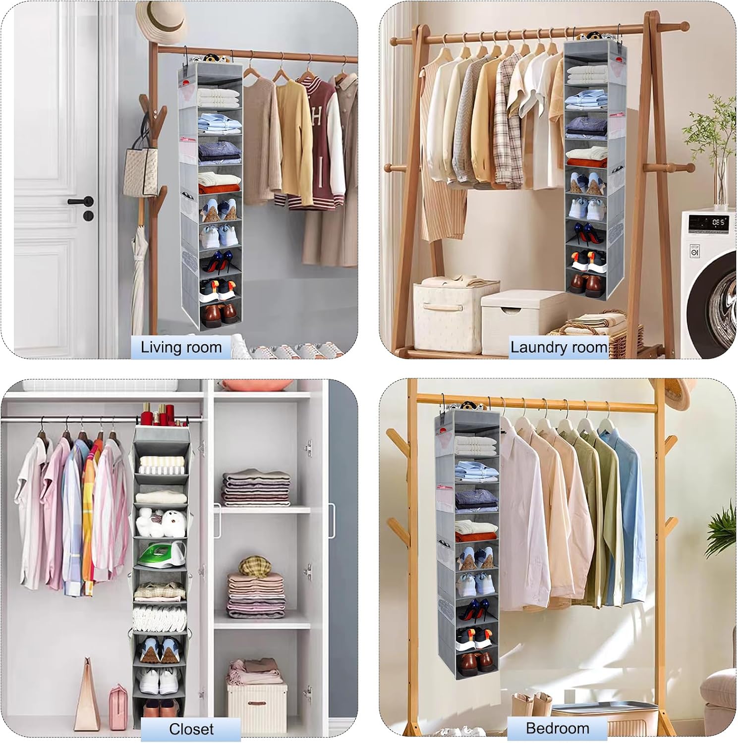 Large-Sized Hanging Shoe Organizer 10-Shelf, Sturdy Hanging Closet Organizer with 8 Side Pockets, Wider Hanging Shelves for Storage Shoes Clothes Jeans Shirts Toys, Grey