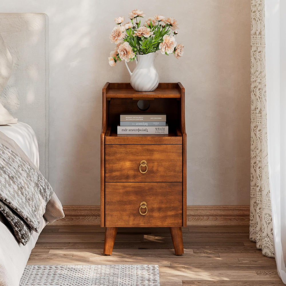 Set of 2 Solid Wood Narrow Nightstand with 2 Drawers, Fully Assembled Skinny ...