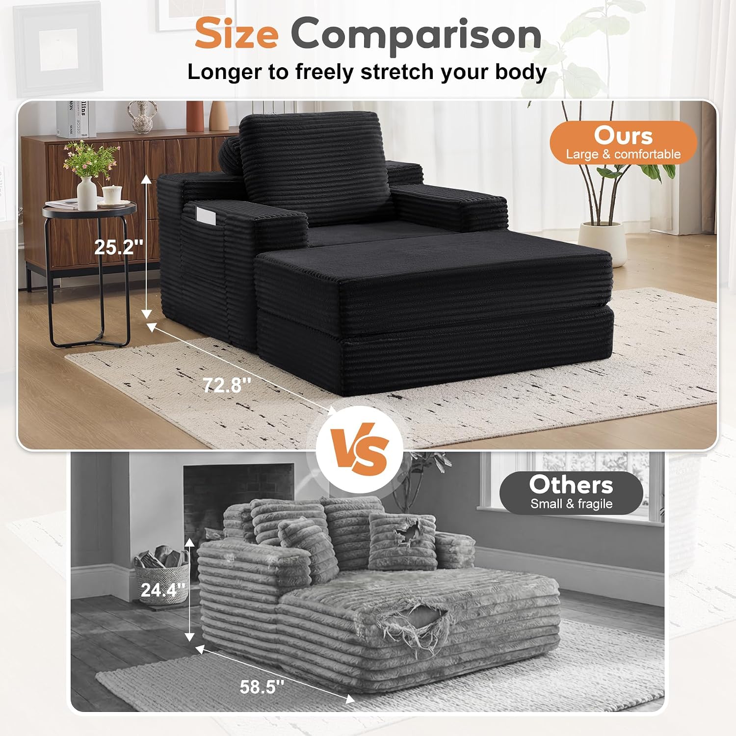 72.8" Convertible Chaise Lounge Sofa Bed, Corduroy Sleeper Boneless Couch with Removable Pillow & Movable Table Tray, Deep Seat No-Assembly Sofa for Living Room, Bedroom, Apartment, Black