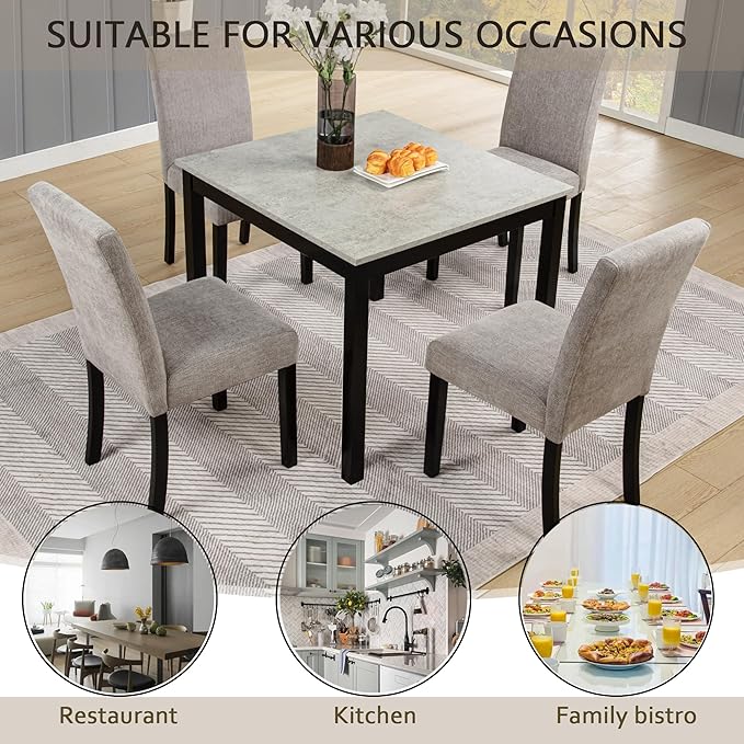 KEIKI 5-Piece Standard Height Dining Table Set with Square Table and 4 Upholstered Curved Backrset Chair, for 4 Person, Modern Wooden Table Set, Easy Assembly, for Kitchen, Dining Room, Black+Grey