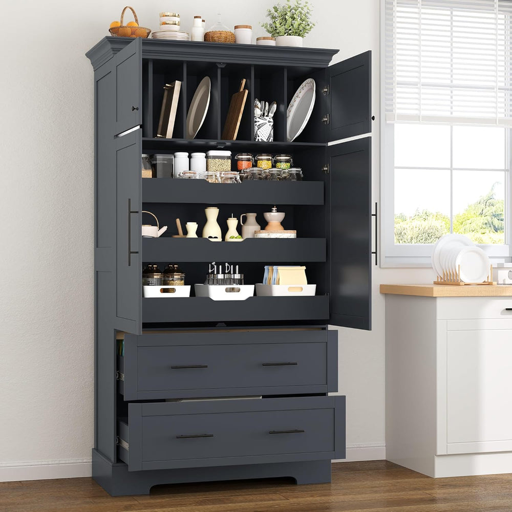 Farmhouse Pantry Cabinet, 72.6''H Freestanding Food Pantry with Pull-...