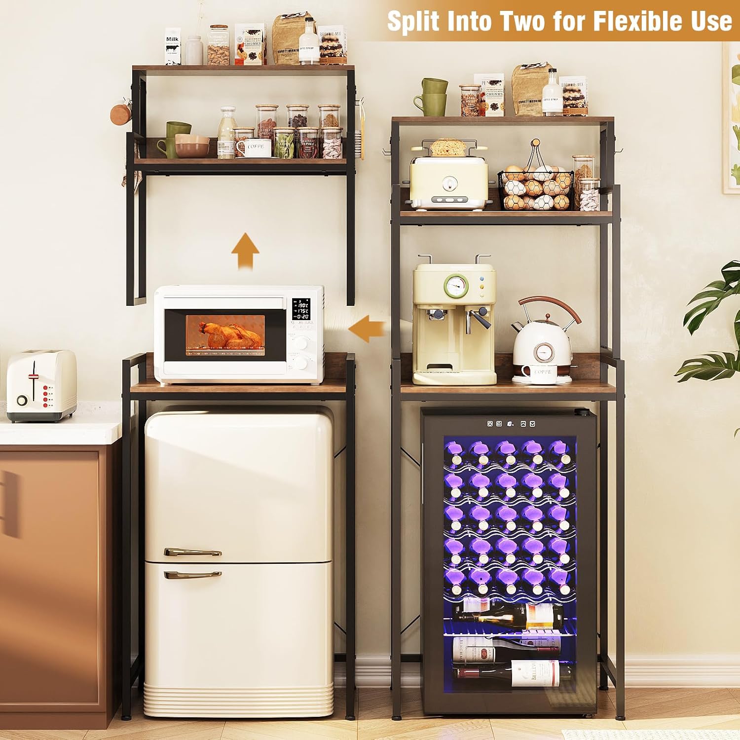 3-Tier Mini Fridge Stand Kitchen Bakers Rack with Adjustable Shelves, Freestanding Microwave Stand with Storage, Split Design Coffee Bar Shelf for Home Office Dorm (Rustic Brown, 25.6")