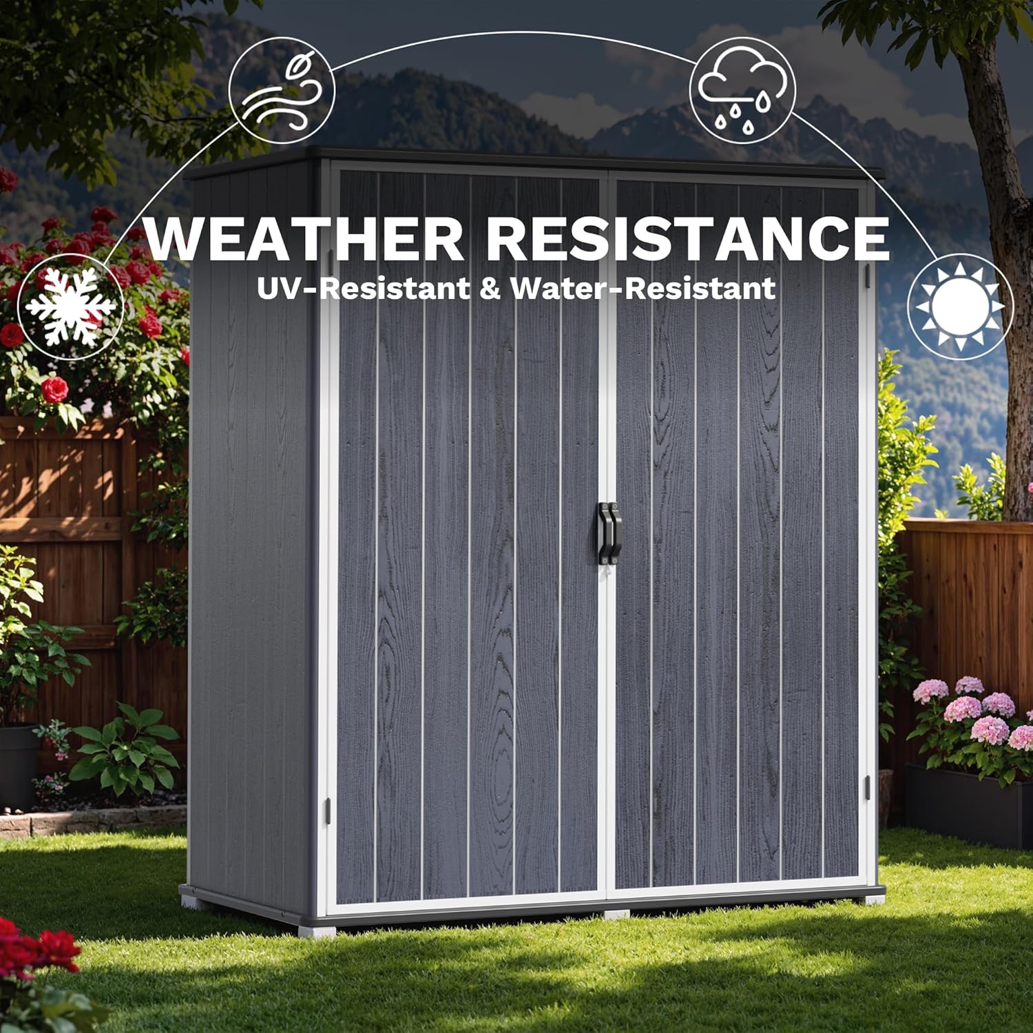 Devoko 5 x 3 Resin Outdoor Storage Shed with Floor - Waterproof Plastic Outdoor Tool Cabinet with Lockable Doors for Patio Furniture, Pool Accessories, Garden Tools (Deep Gray)