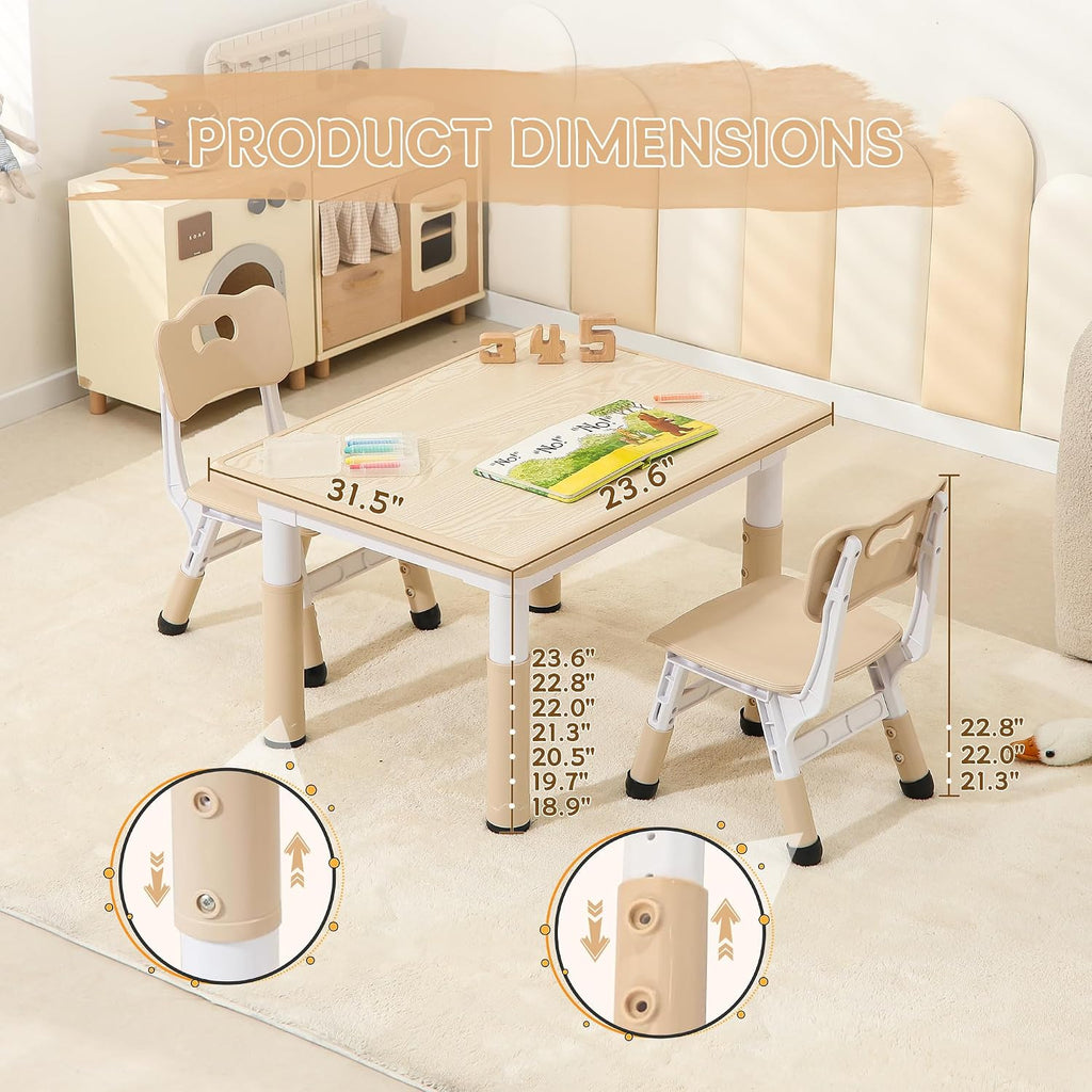 Kids Table & Chairs Set, Height Adjustable Toddler Study Table with Anti-Slip Foot Covers, Ages 2-10