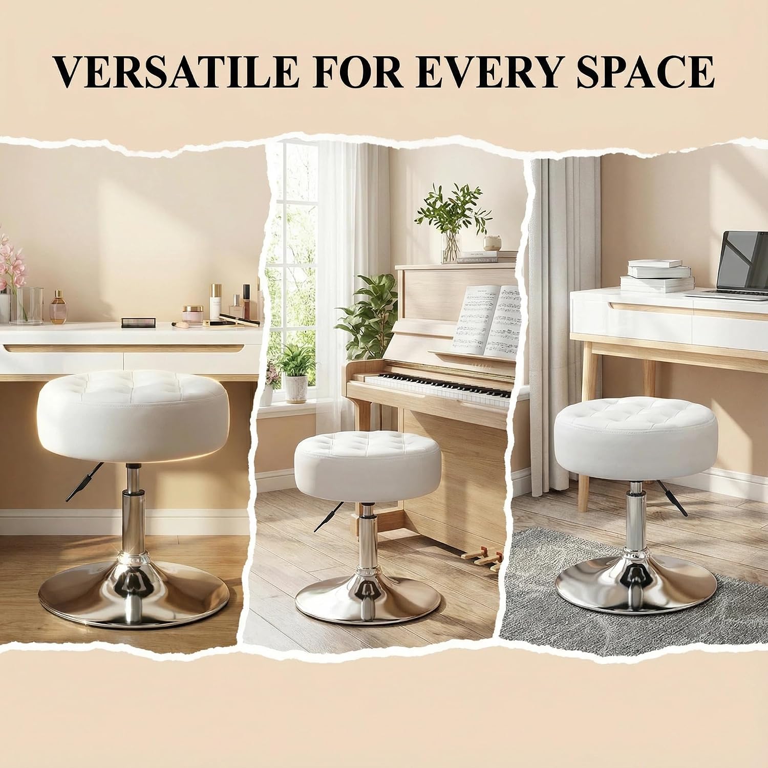 Furnimart Modern 360° Swivel Round White Vanity Ottoman Stool,Faux Leather Contemporary Makeup Accent Stool for Bedroom Living Room Entryway (Pu-White)