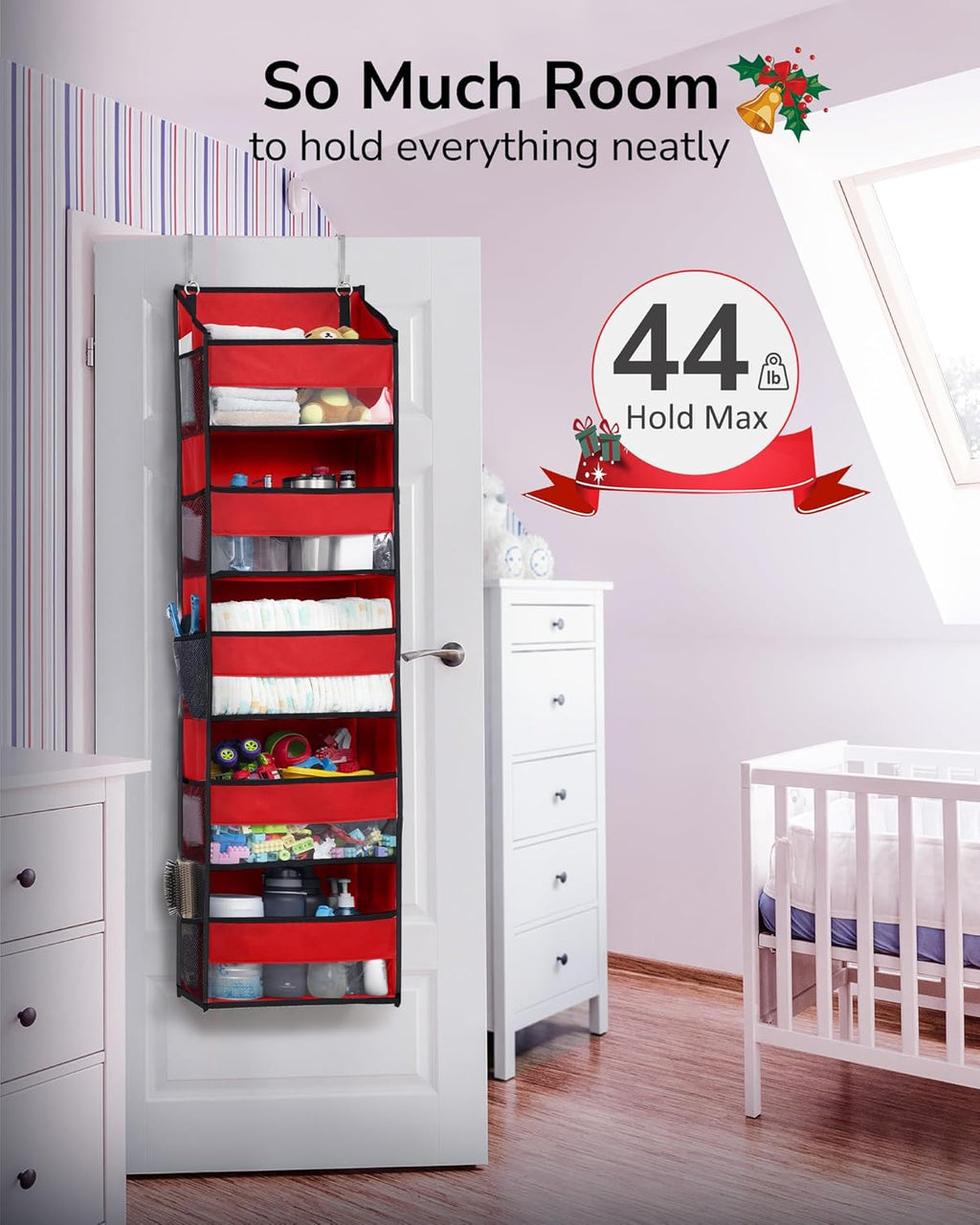 ULG 1 Pack Over The Door Organizer – 5 Shelf Door Organizer Hanging & 10 Side Pockets, Reinforced 44LB Capacity Hanging Organizer, Behind The Door Storage for Bedroom, Nursery, Christmas (Red)