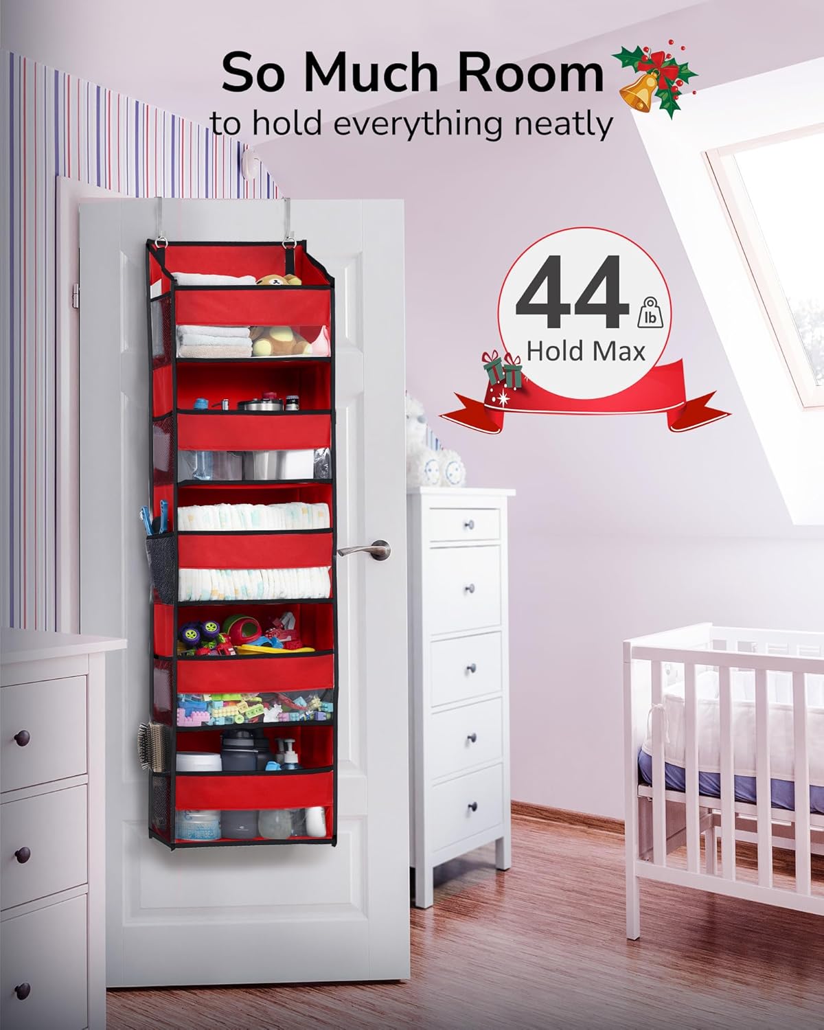 ULG 1 Pack Over The Door Organizer – 5 Shelf Door Organizer Hanging & 10 Side Pockets, Reinforced 44LB Capacity Hanging Organizer, Behind The Door Storage for Bedroom, Nursery, Christmas (Red)