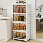 Storage Bins with 2 Lids and Wheels, Collapsible Bathroom Storage Cabinet with Clear Doors, Plastic Stackable Closet Organizers and Storage Containers White 597 QT