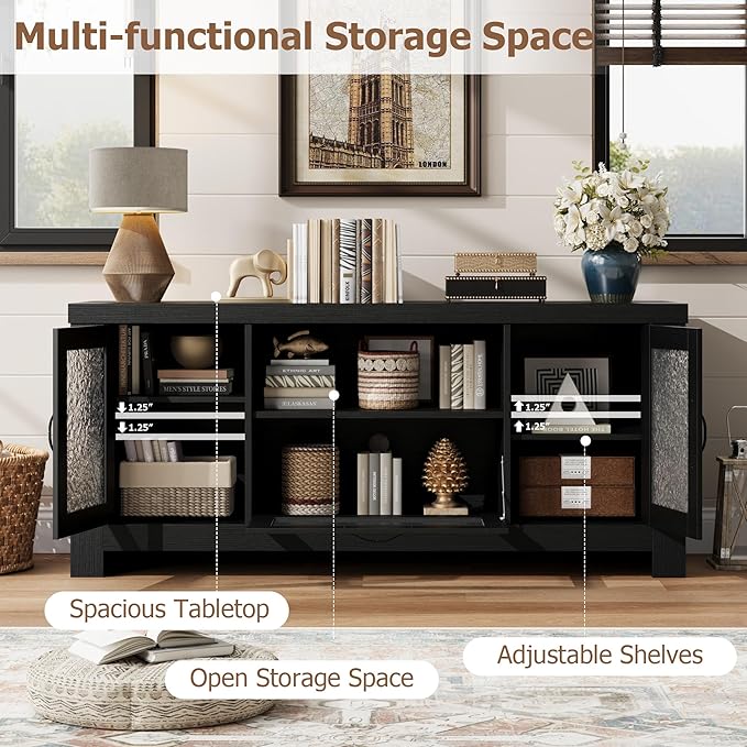 Garvee Farmhouse TV Stand for 55 Inch TV, Entertainment Center with Acrylic Door & Adjustable Shelves, Sideboard Buffet Storage Cabinet for Living Room Bedroom, Black