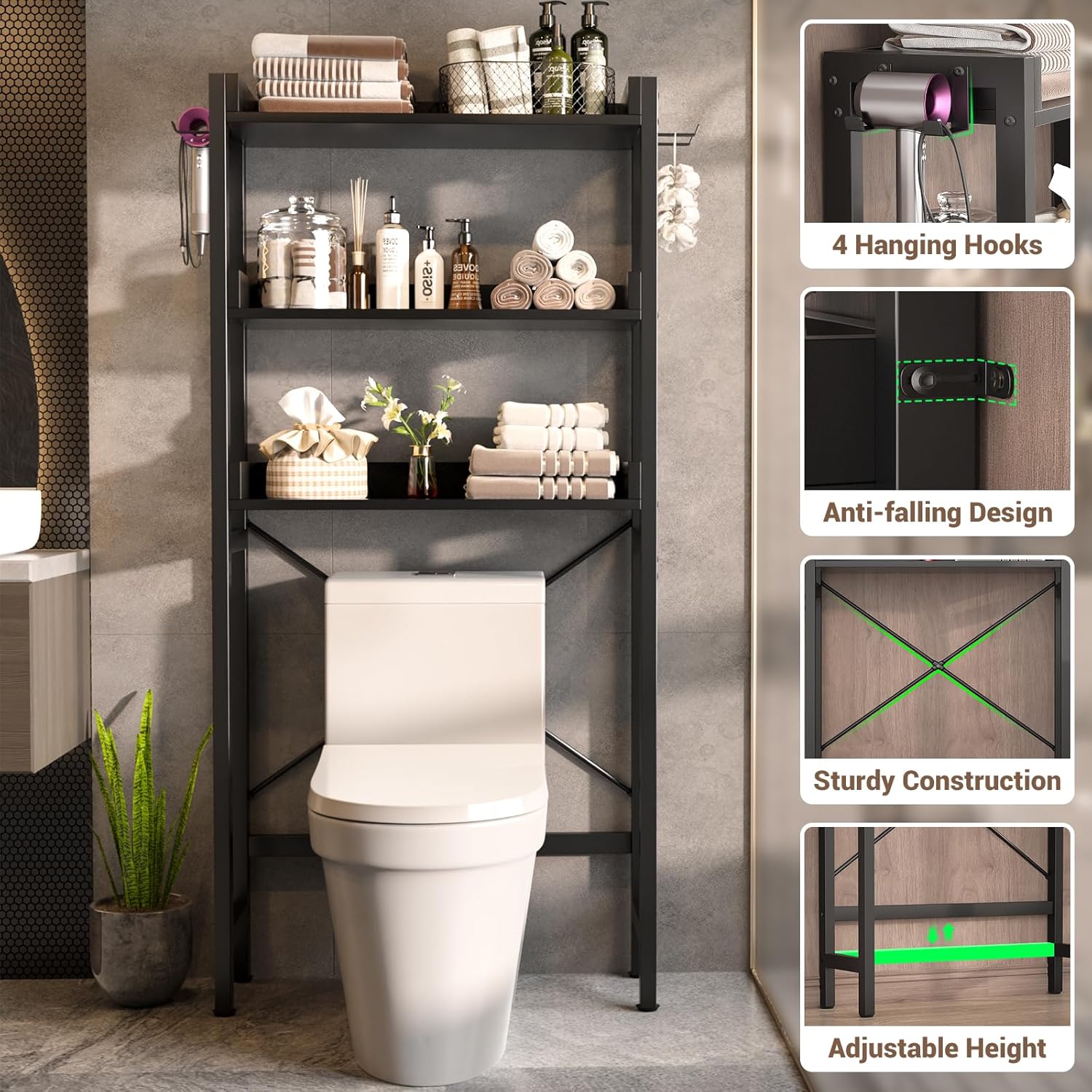 Over The Toilet Storage Rack - 3 Tier Bathroom Organizer with Shelves, Freestanding Space Saver Storage Rack Above Toilet Stand with 4 Hooks for Restroom, Laundry, Black