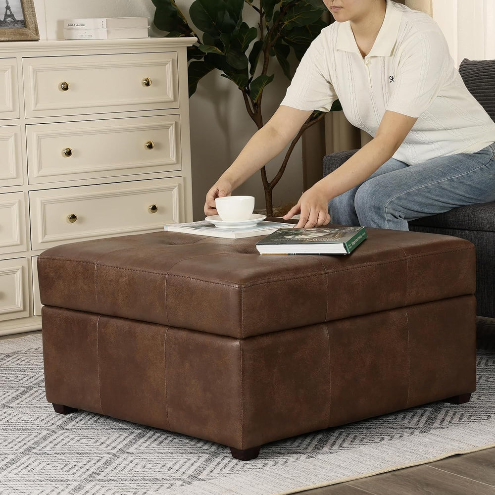 Homebeez 28" Faux Leather Storage Ottoman Bench, Button Tufted Ottoman |...