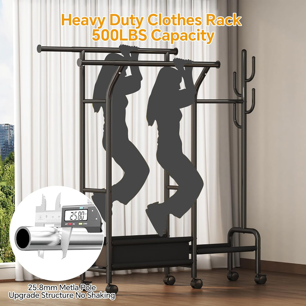 Homeiju Heavy Duty Clothes Rack Load 500LBS, Three Rods Clothing Racks for Hanging Clothes Extendable, Rolling Garment Rack with Sturdy Wheels, Basket, Storage Shelves, Black