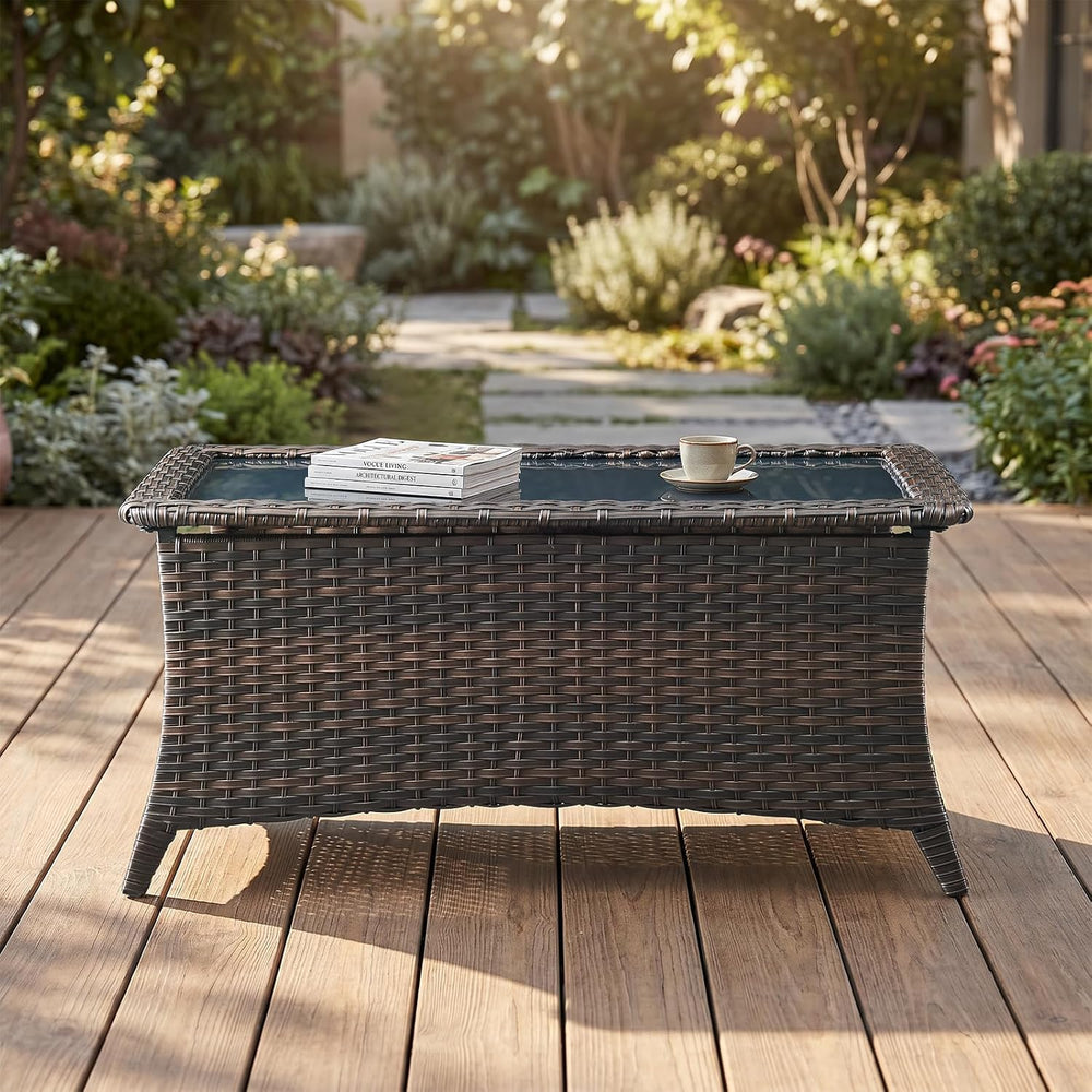 Belord Outdoor Coffee Table with Tempered Glass Top, Patio Rectangular Brown ...