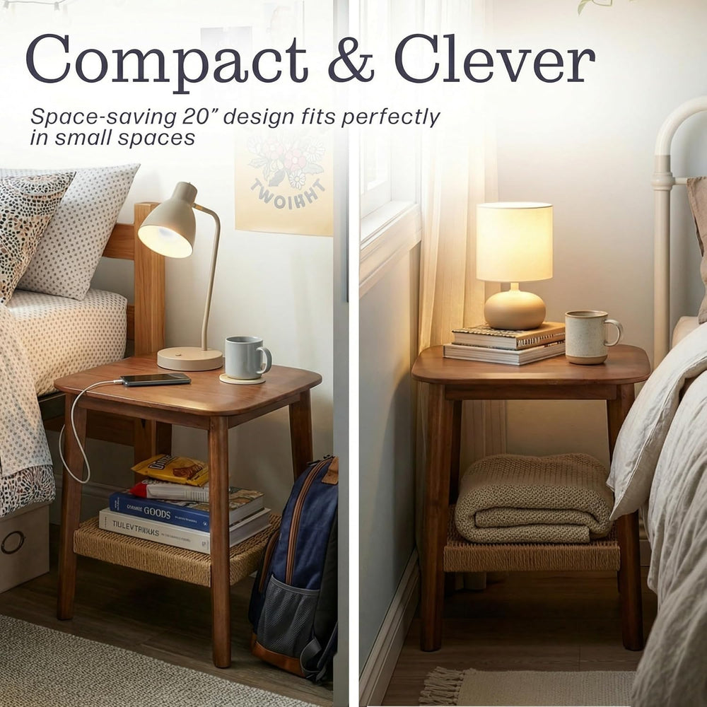 Alaterre Furniture Calais 2-Tier Solid Wood End Table with Woven Storage Shel...