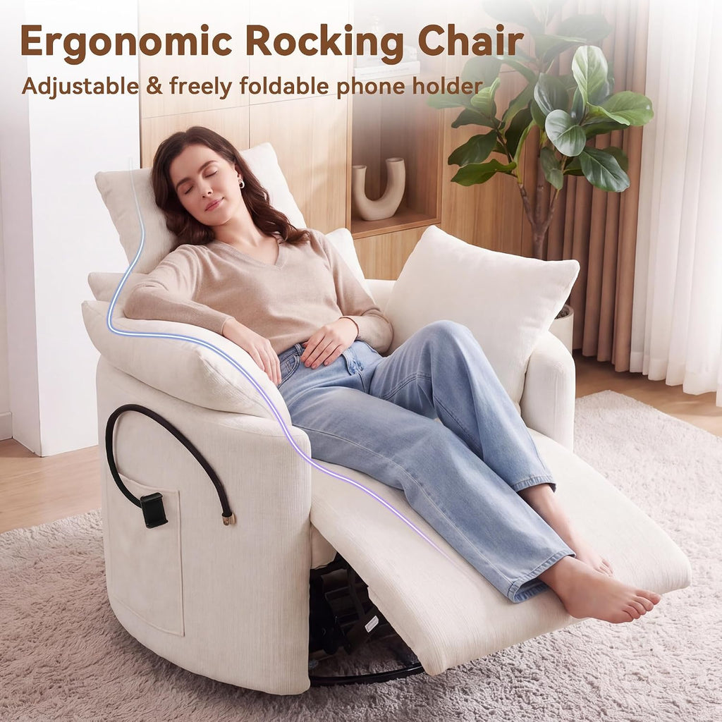 FOXHUNTER 360° Swivel Manual Nursery Rocking Glider Chairs, Chenille White | 30° Rocking Mode, with USB Charging Port and Phone Holder,Adjustable Headrest,2 Cushions, 2 Side Pockets, Footrest