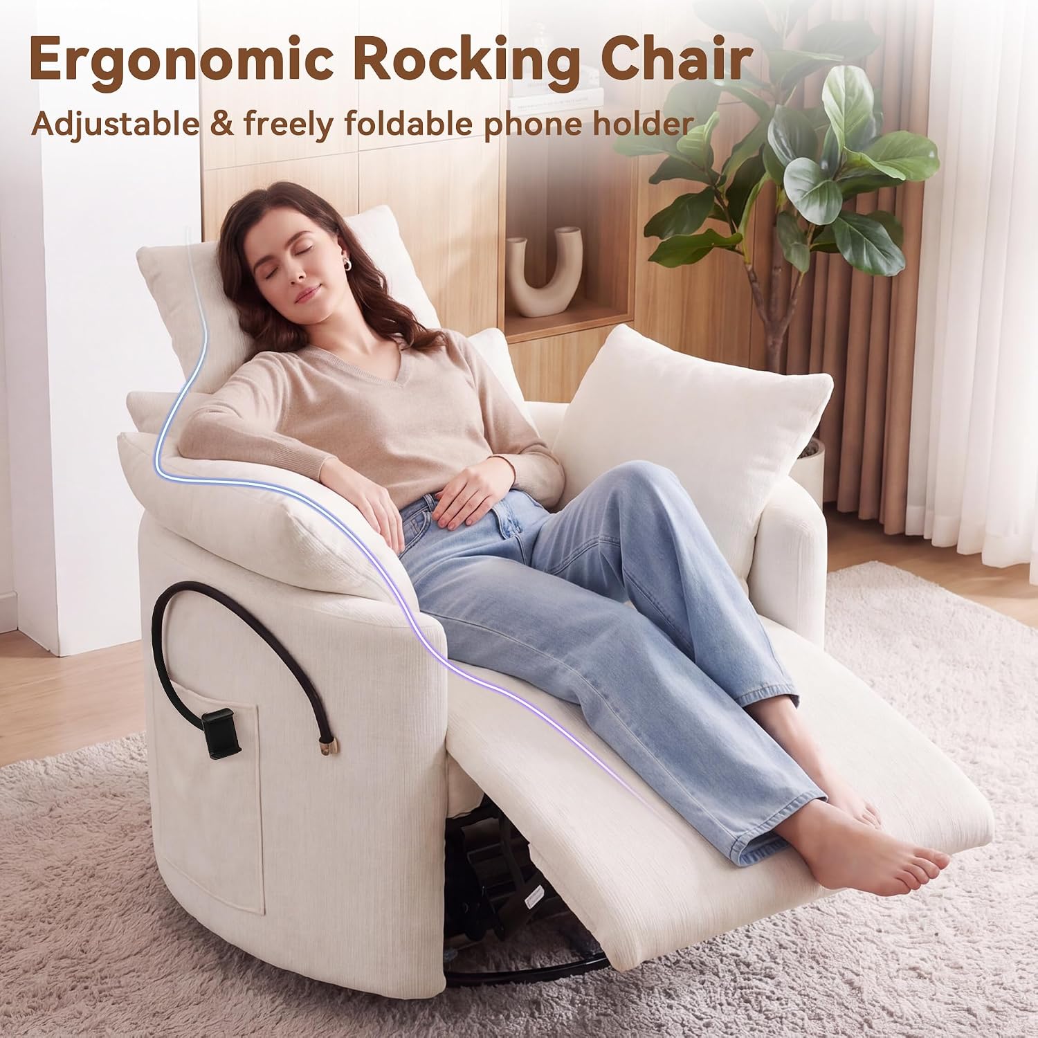 FOXHUNTER 360° Swivel Manual Nursery Rocking Glider Chairs, Chenille White | 30° Rocking Mode, with USB Charging Port and Phone Holder,Adjustable Headrest,2 Cushions, 2 Side Pockets, Footrest