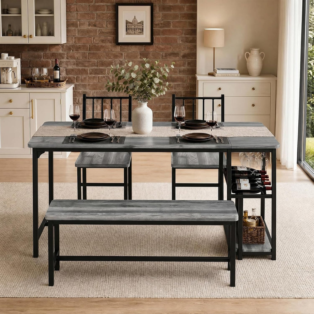 4 EVER WINNER 55-Inch Dining Table Set for 4 with Bench, Wine Rack, Grey | 4-...