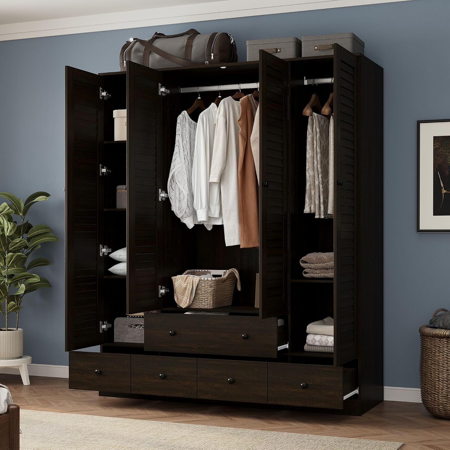 Almirah for Clothes, Tall Brown Bedroom Storage Wardrobe Closet Cabinet with Louvered Doors and Shelves, Large Wide Standing Wardrobe Clothes Closet with Hanging Rod and Drawers for Bedroom