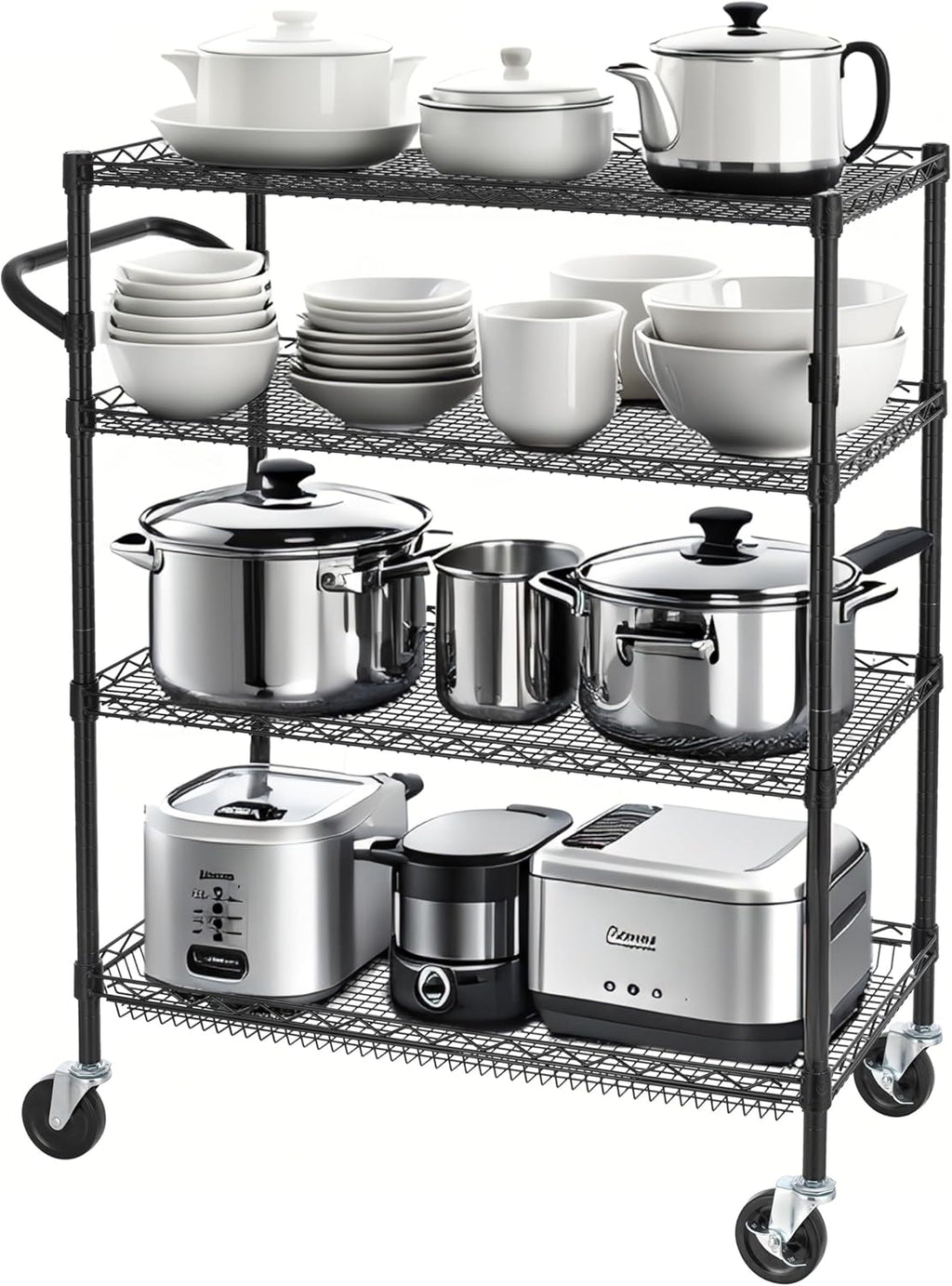 Finnhomy 4 Tier Heavy Duty Commercial Grade Rolling Cart with Handle Bar, Metal Wire Utility Cart with Wheels, Service Trolley on Wheels, Shelf Size 18" D x 36" W, NSF, Black